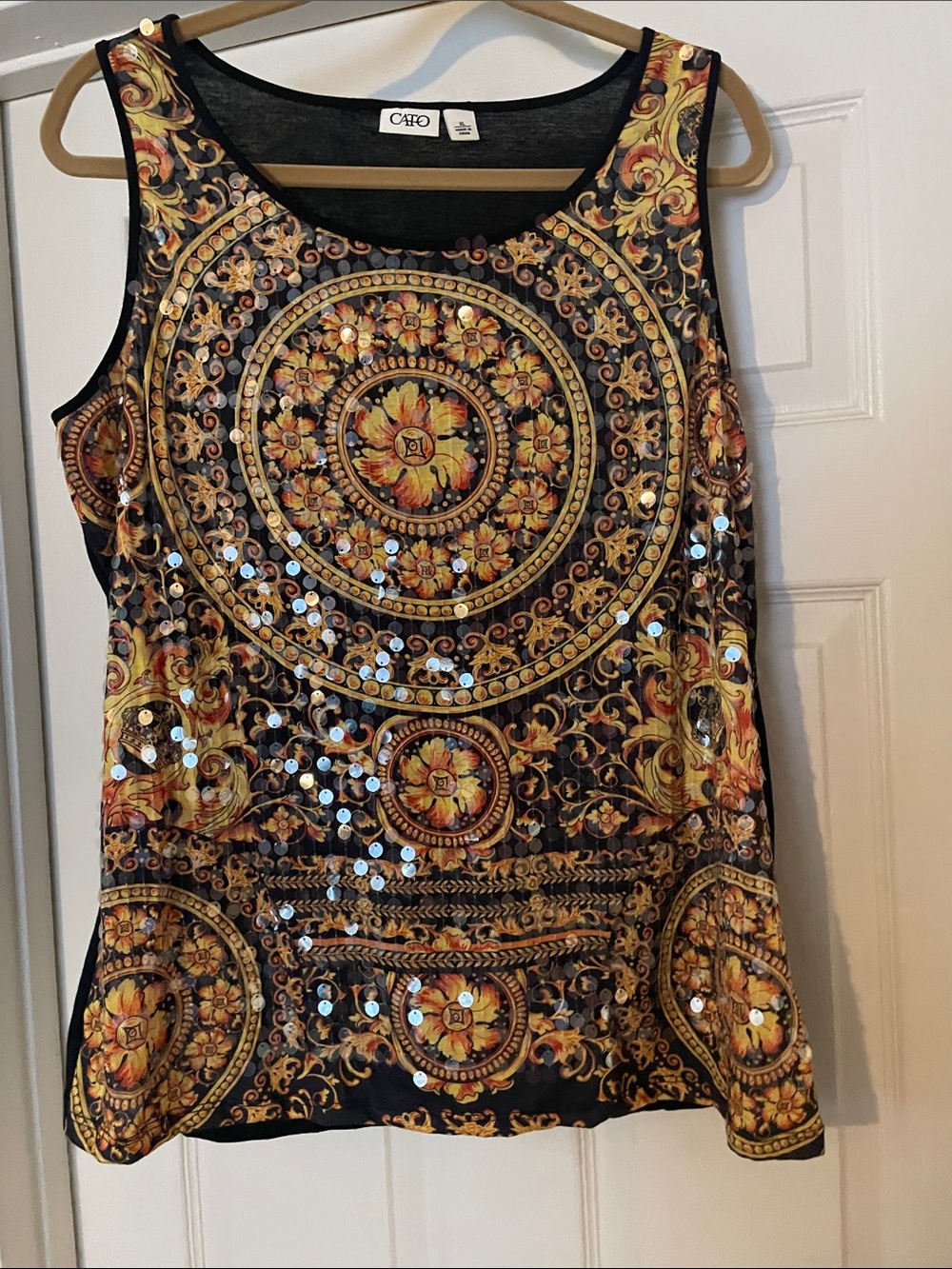Cato Black Tank with Gold Medallion Sequin Detail - Very Blingy - Size XL